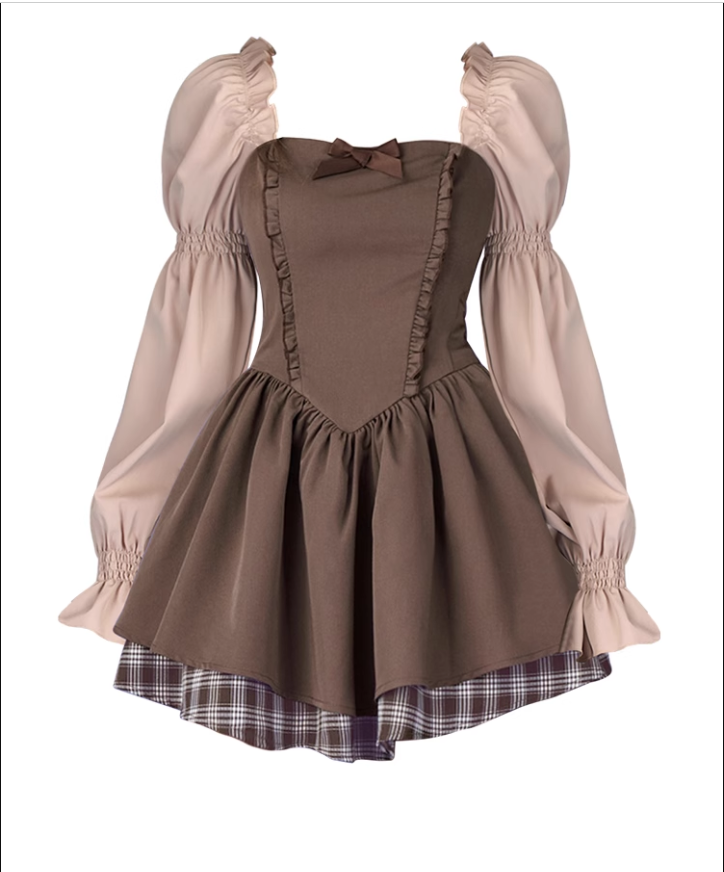 Brown puff long sleeve dress plaid patchwork princess dress