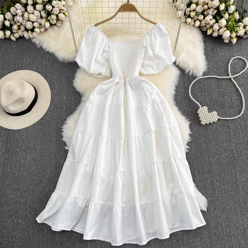 Bubble Short Sleeve Square Neck A-Line Dress Seaside Holiday Swing Long Dress