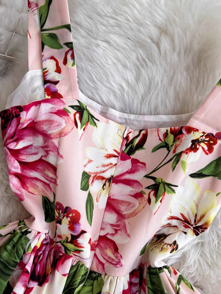 Retro summer sleeveless backless printed a-line dress