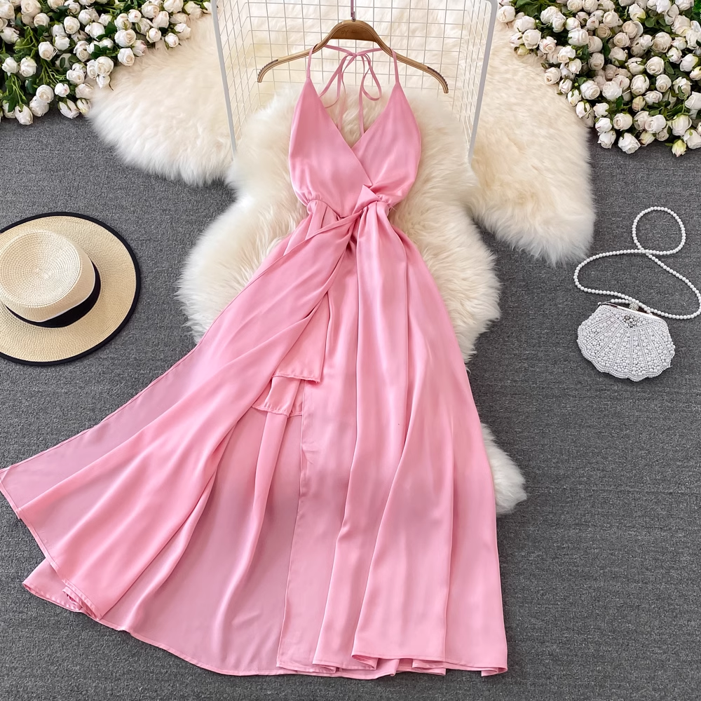 Pink V Neck Backless Summer Dress