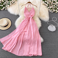 Pink V Neck Backless Summer Dress