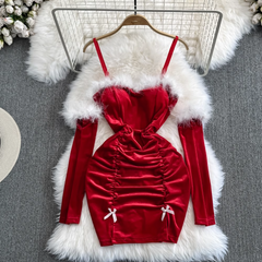 Fashionable Christmas Furry Patchwork Bodycon Dress with Sleeves