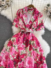 Short-sleeved suit collar waisted single-breasted A-line printed dress