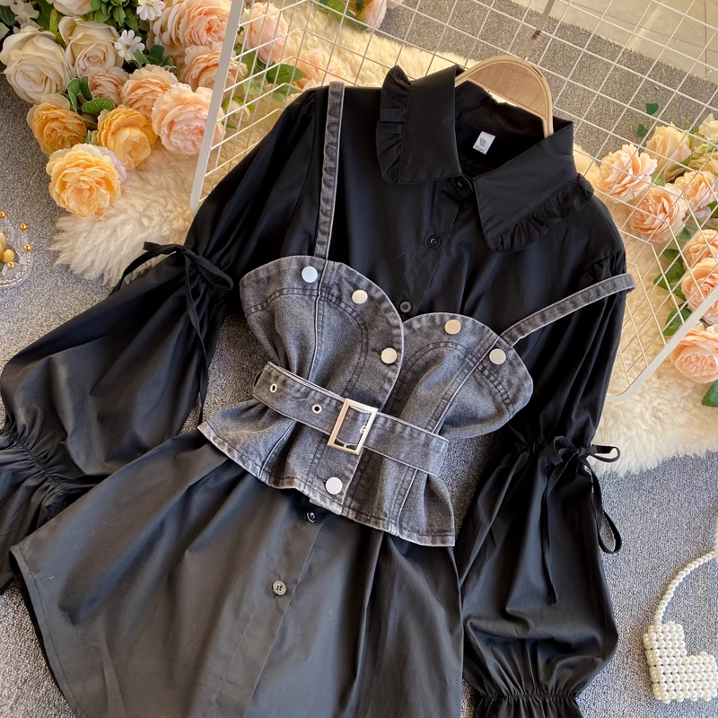 Retro Blouses Women's puff sleeve loose all-match denim camisole stacked two-piece suit