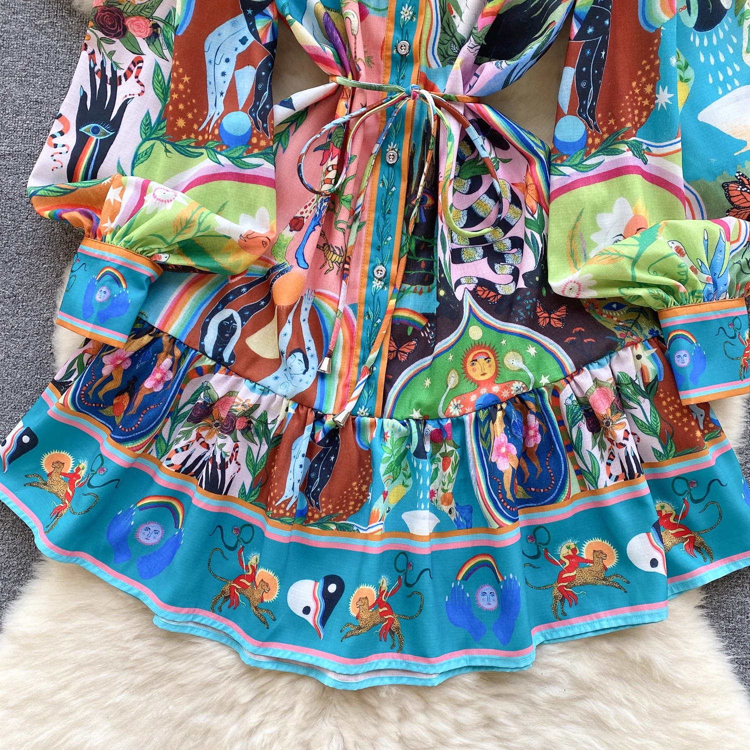 Printed skirt Women's stand collar lantern sleeve dress