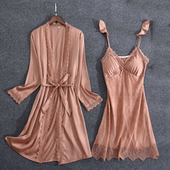 2 Pieces Faux Silk Embroidery Nightdress