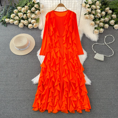 Langarm Rundhals A-Linie Flansch Kleid eleganter langer Rock