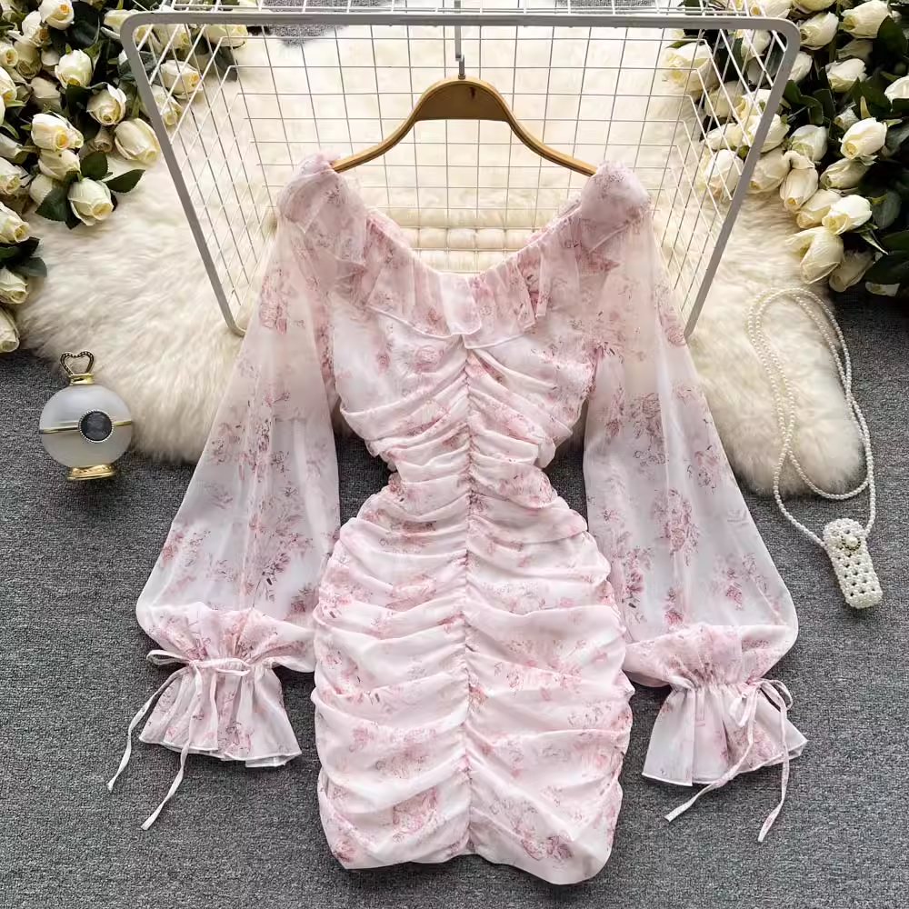 Pink Floral Fairy Dress Summer New Chiffon V-neck Wrap Dress