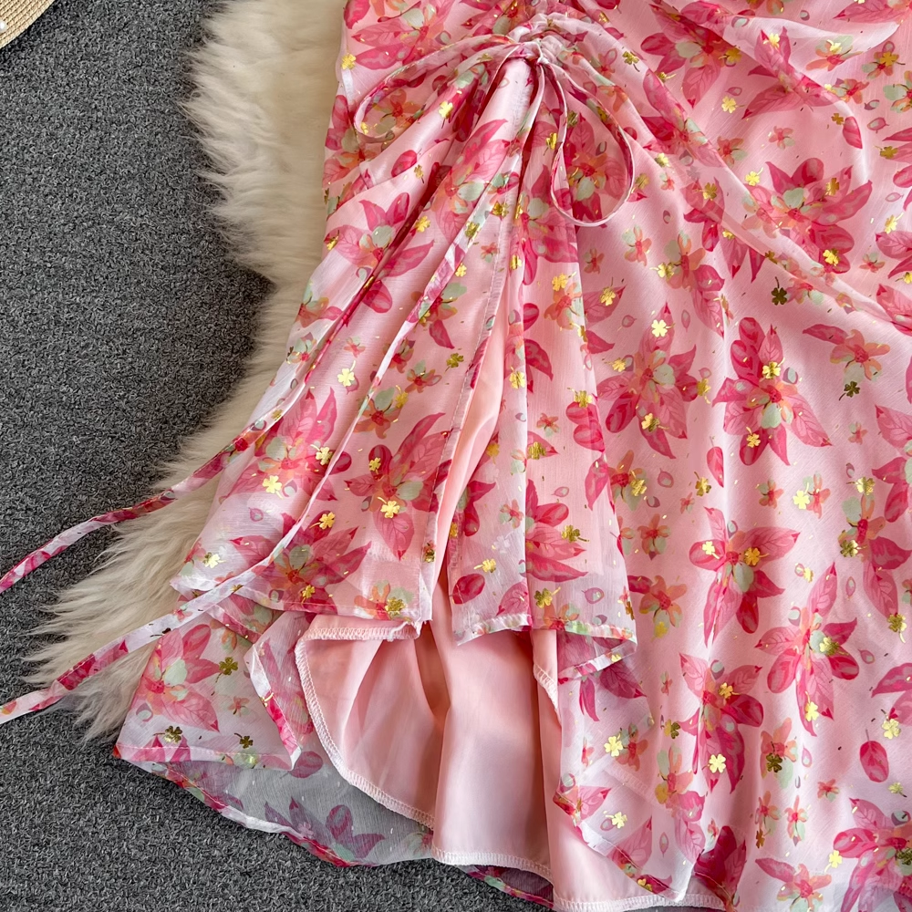 Retro V-neck drawstring print dress