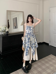 Oil painting floral suspender dress Women's summer stitching fake two piece skirt