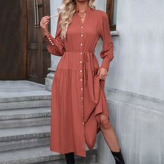 long-sleeved solid color versatile strappy henley collar shirt dress