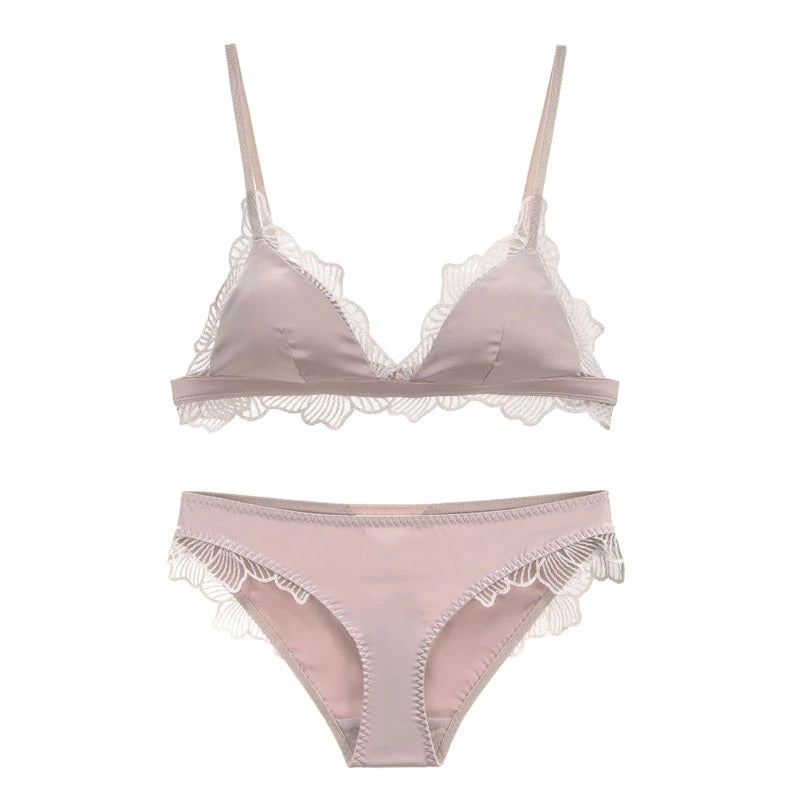 Set aus bügellosem Satin-Spitzen-Bralette und Unterwäsche