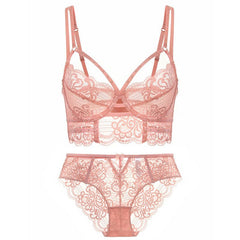 Bandage Lace Embroidery Push Up Bra And Panty Set