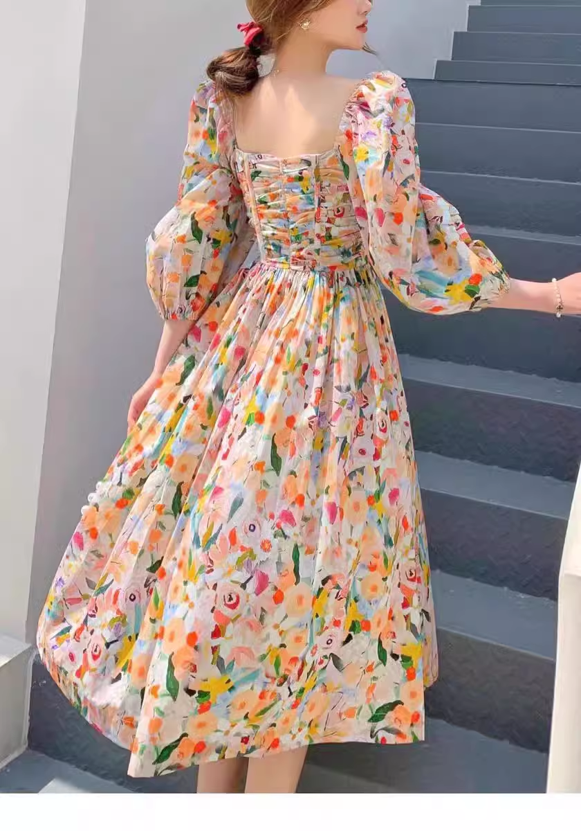 Retro Chic Floral Puff Sleeve Dress Summer
