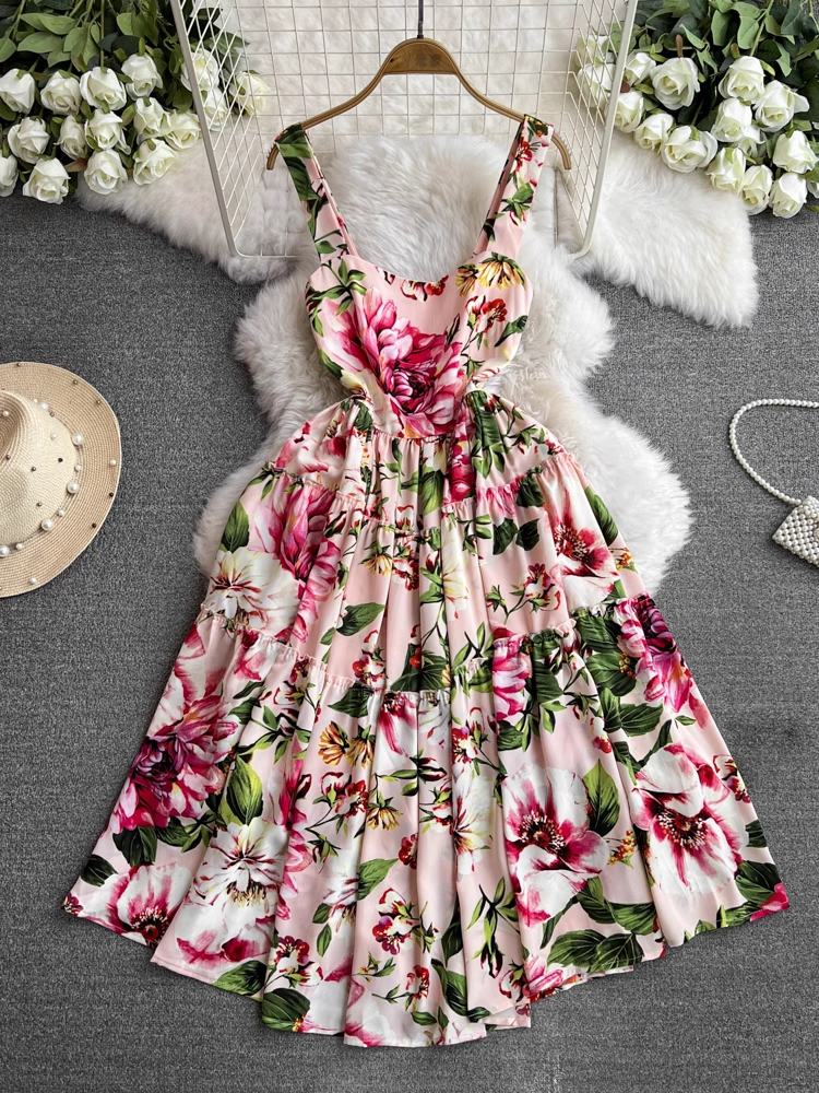 Retro summer sleeveless backless printed a-line dress