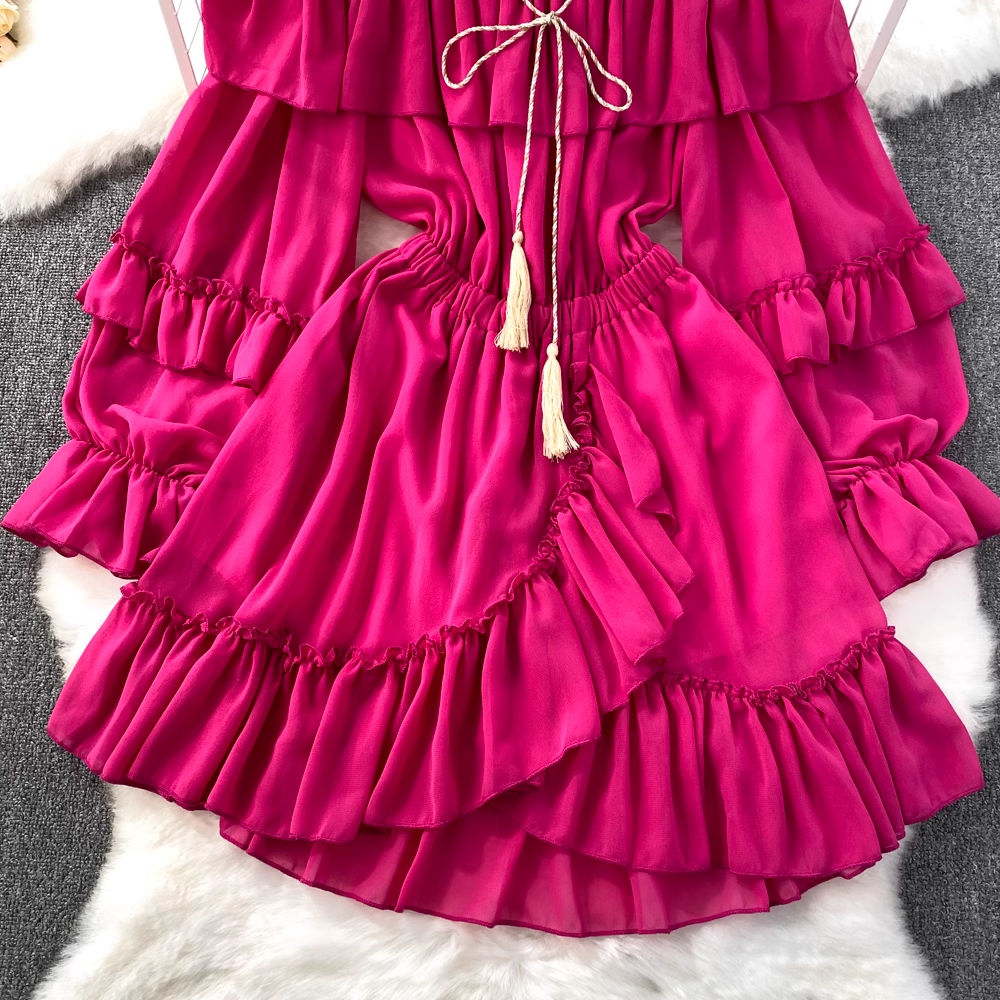 off-the-shoulder waistline slimming A-line dress with ruffles