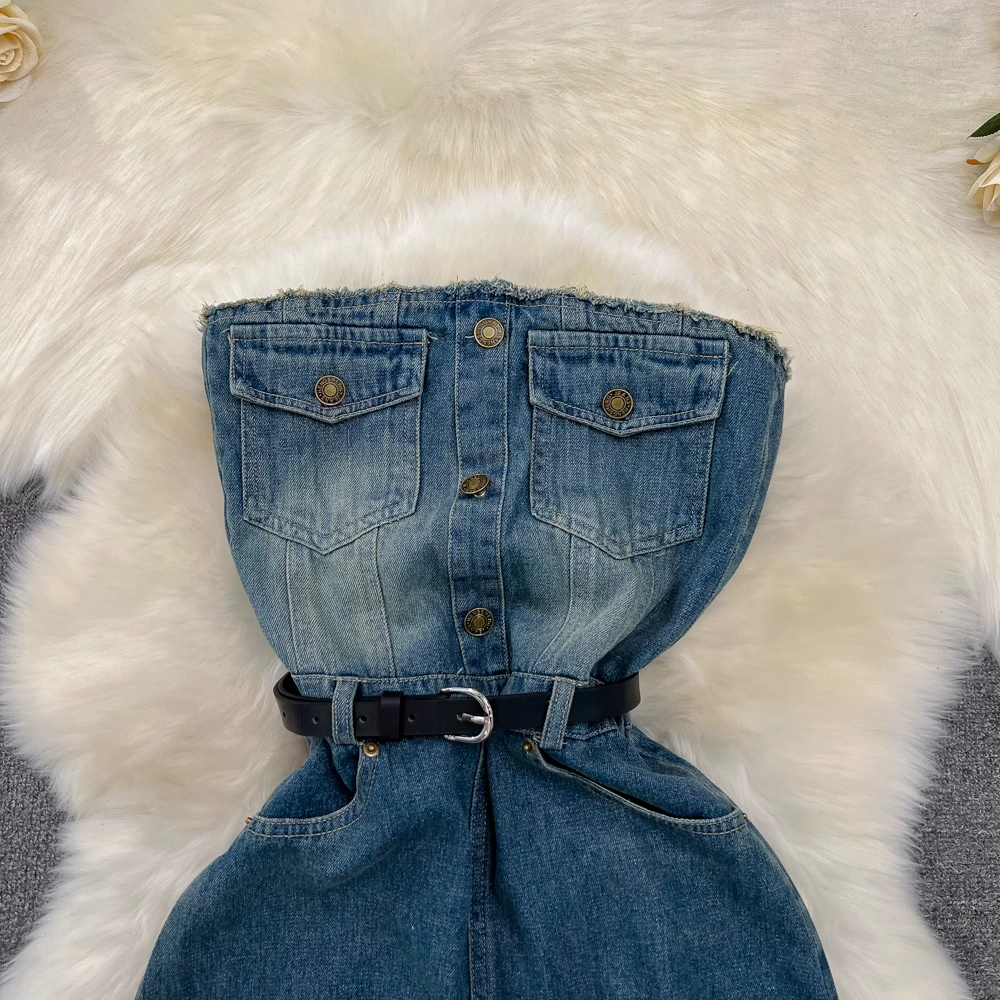 Retro design mid-length A-line fringed raw edge denim dress
