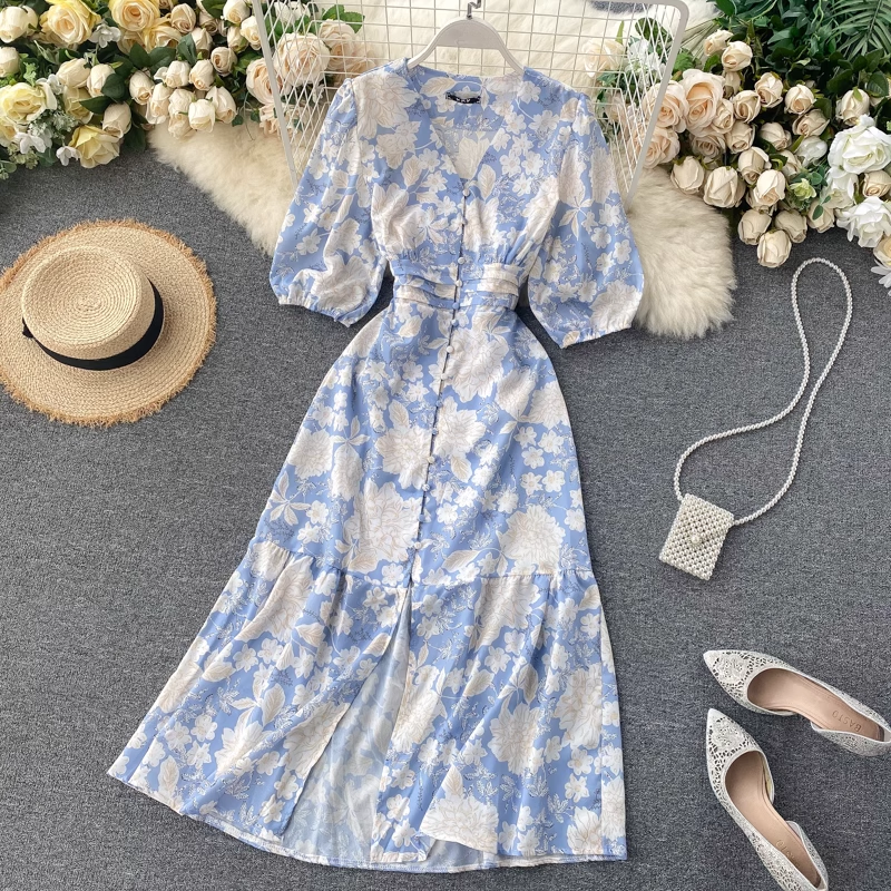 Printed V-Neck Slit Dress
