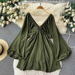 Deep V Neck Lantern Long Sleeve Dress Vacation Dress