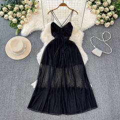 Black A-line V Neck Tulle Dress