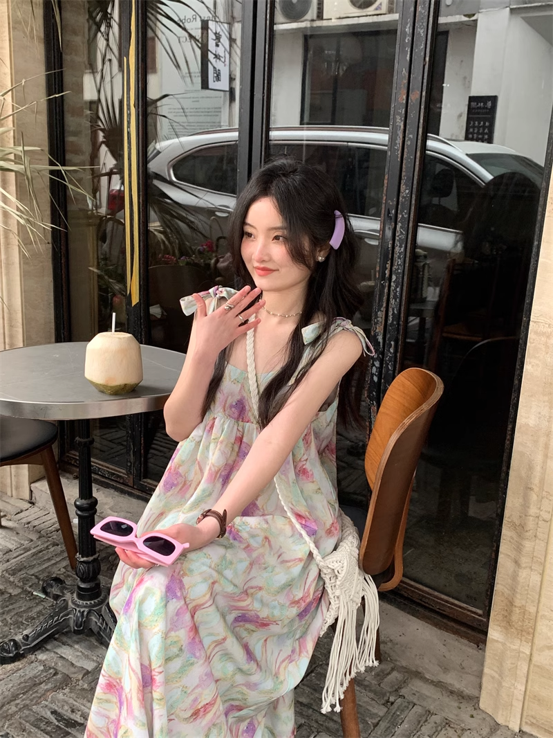 Retro oil painting printed suspender dress in summer