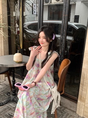 Retro oil painting printed suspender dress in summer