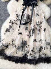 Retro Elegantes Kleid Damen Gestrickt Spleißen Stickerei Schmetterling Mesh Flauschig Fee Langes Kleid