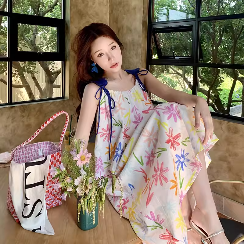 printed suspender dress