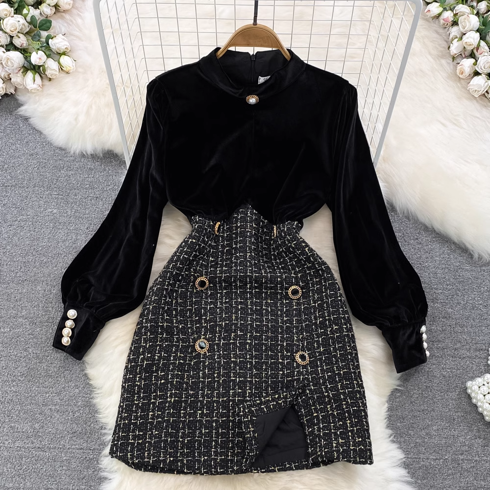 Autumn and winter retro stand-collar velvet long-sleeved splicing tweed a-line dress