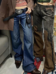 Vintage Country Chic Hipster Flared Jeans Patchwork Wide Pants with Side Tassels High Rise