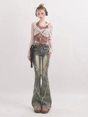 Pantalones de campana de mezclilla grunge con cintura baja y estilo cyber punk