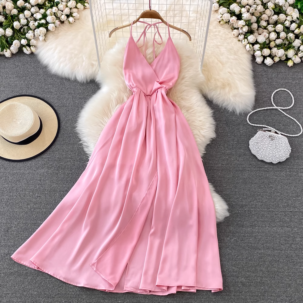 Pink V Neck Backless Summer Dress