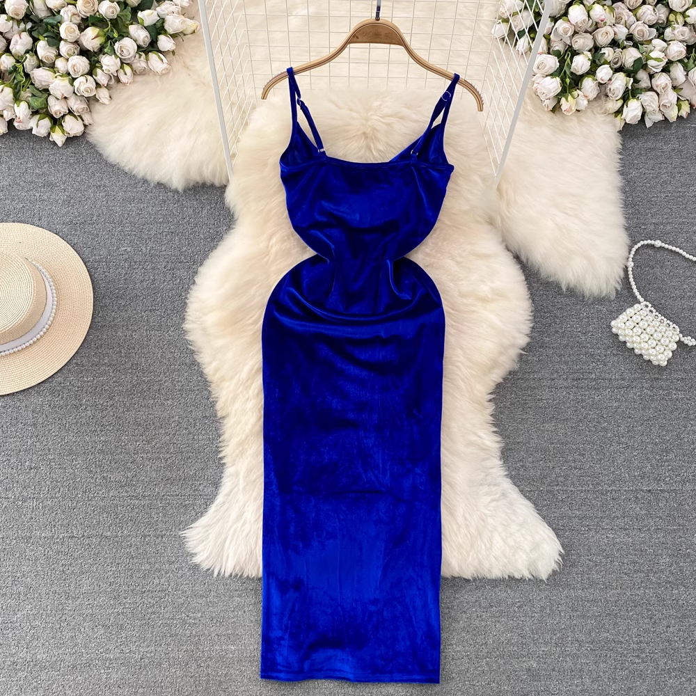 Royal Blue Spaghetti Straps Velvet Party Dress