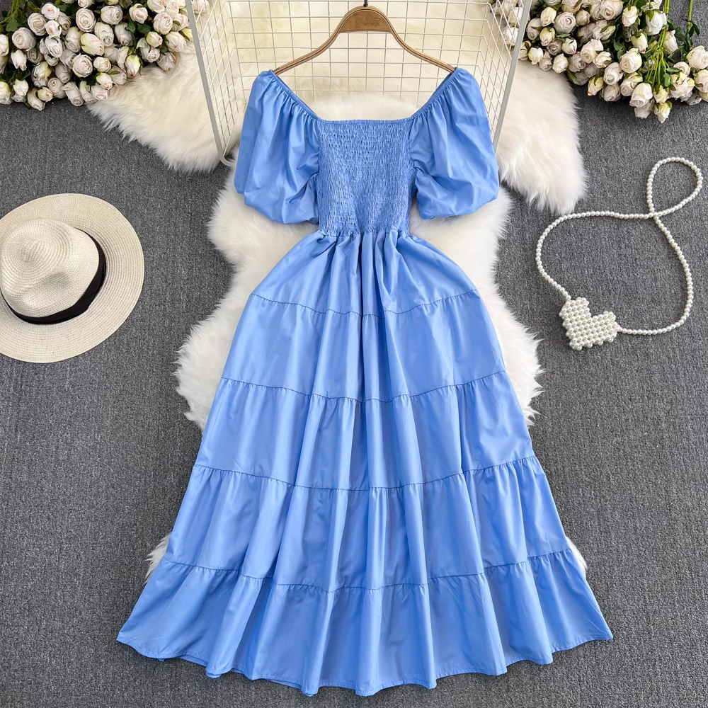 Bubble Short Sleeve Square Neck A-Line Dress Seaside Holiday Swing Long Dress