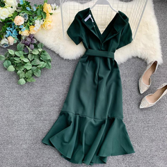 chic v neckline high low spring summer dress