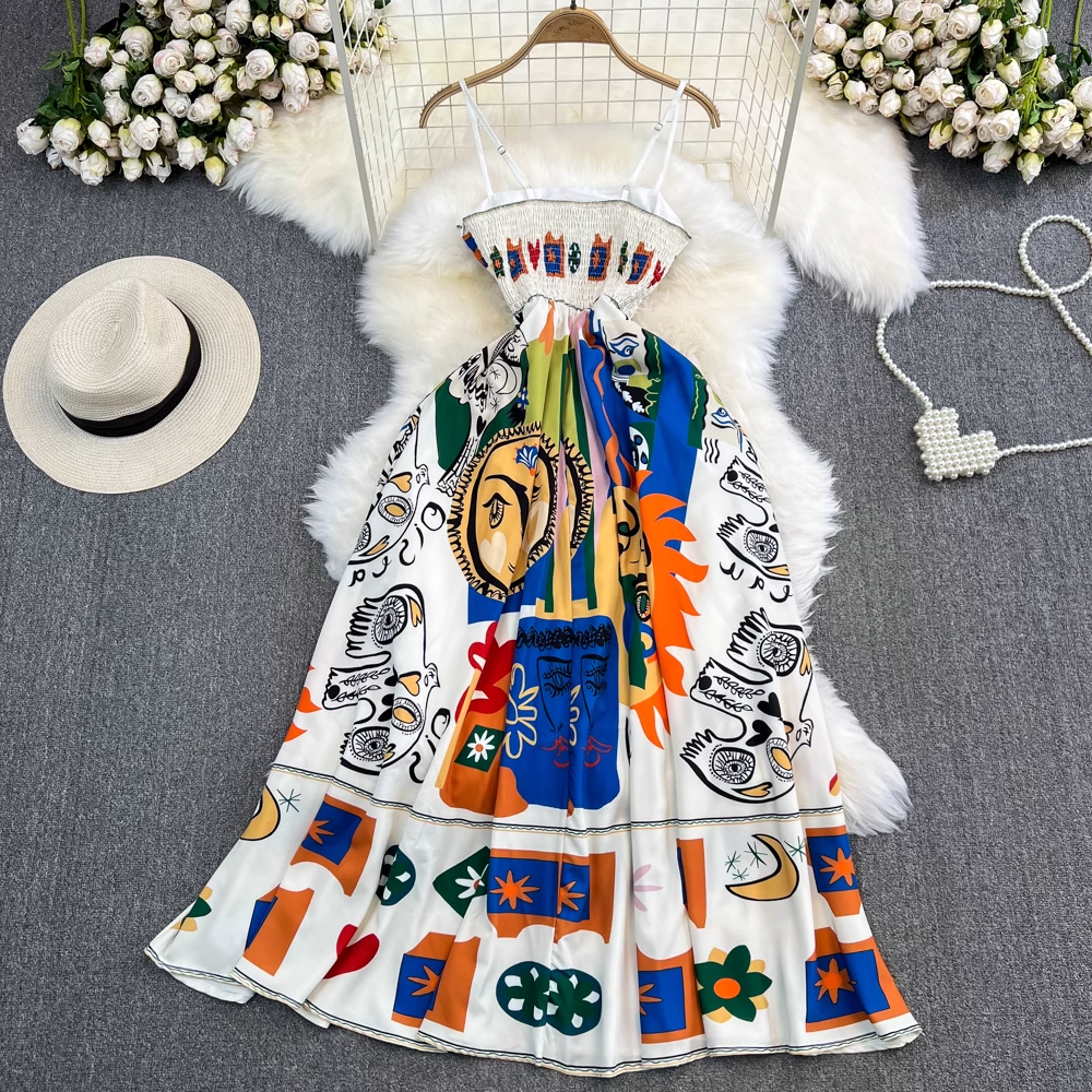 Oil painting graffiti printing summer high-quality loose sleeveless a-line dress