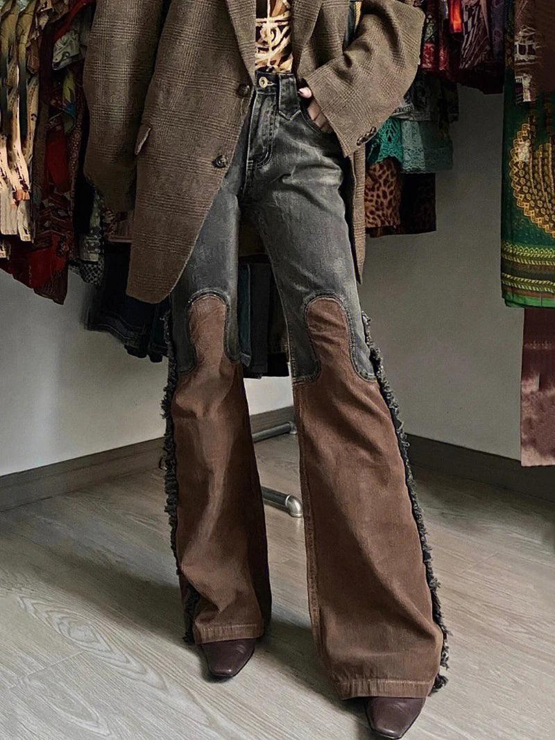 Vintage Country Chic Hipster Flared Jeans Patchwork Wide Pants with Side Tassels High Rise