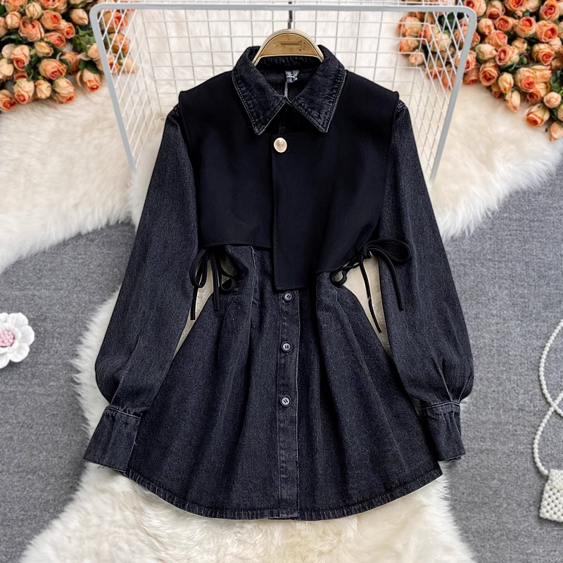 Fake two-piece vest lapel denim dress