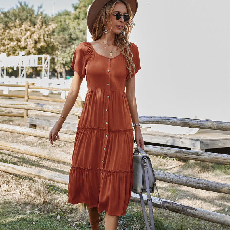 casual button solid color short-sleeved loose dress