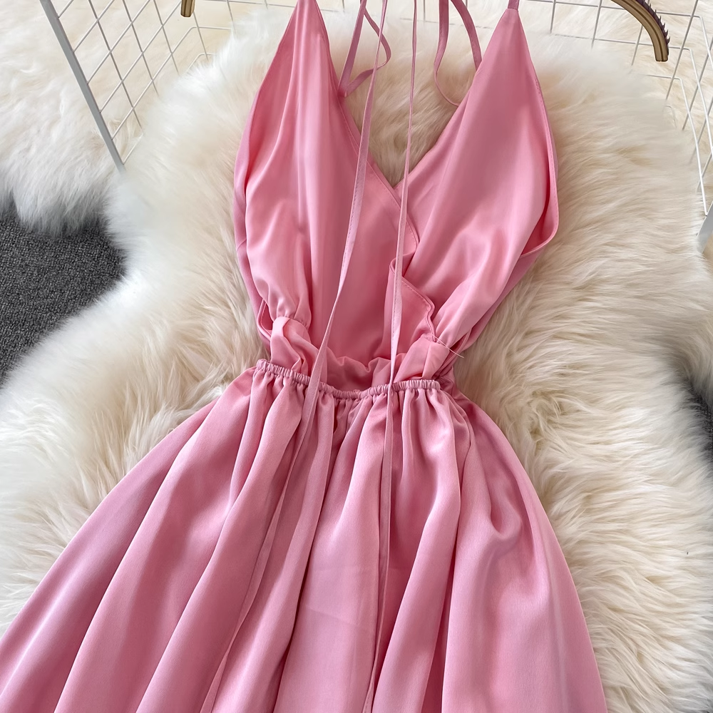 Pink V Neck Backless Summer Dress