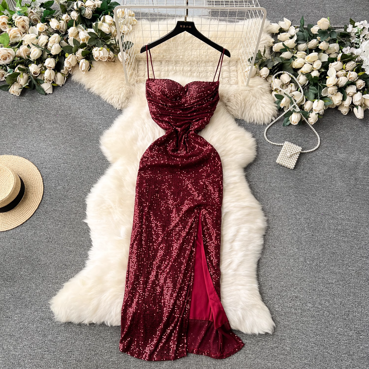 Burgundy Sequins Dress With Split