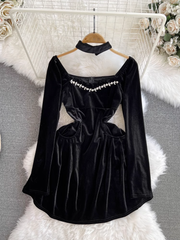 Black velvet square neck A-line dress