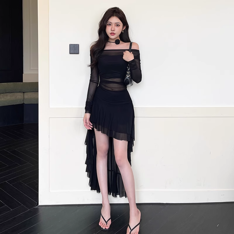 Black off the shoulder see-through dress