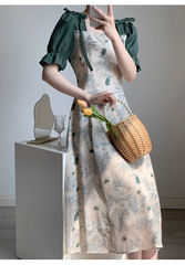 Retro square neck dress summer French style patchwork floral long dress