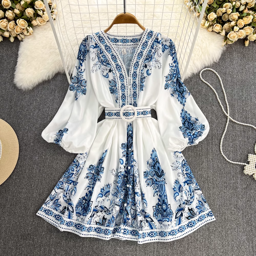Printed Balloon Sleeve V-neck Dress