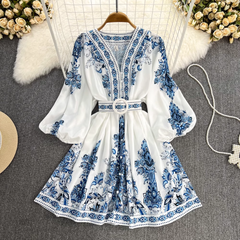 Printed Balloon Sleeve V-neck Dress