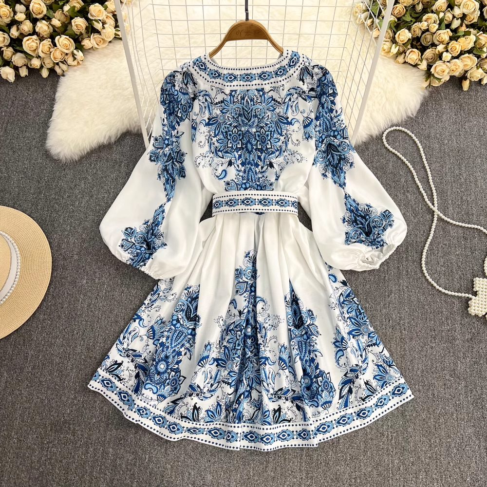 Printed Balloon Sleeve V-neck Dress