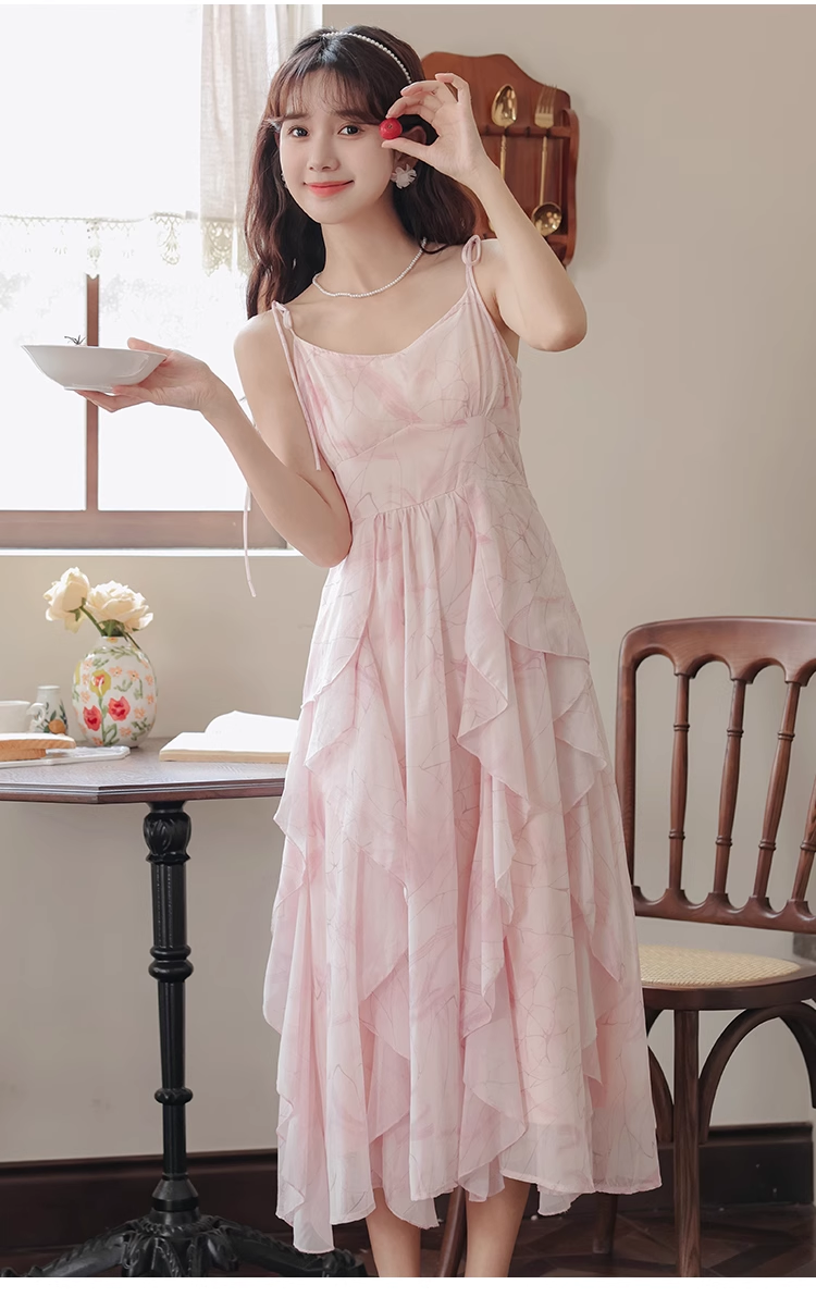 Pink ruffled chiffon suspender dress summer