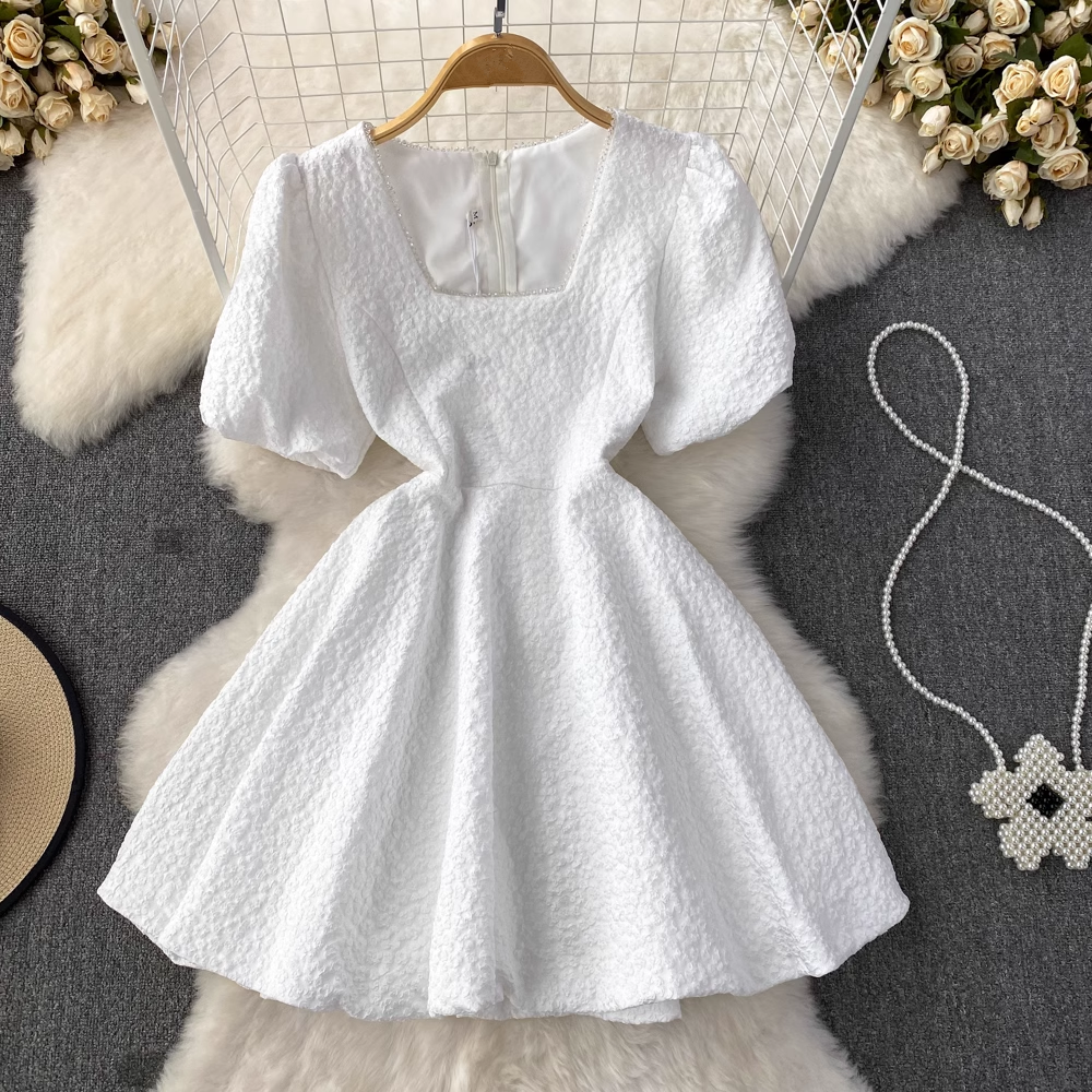 Bubble Short Sleeve Square Neck Short A-Line Puff Dress