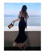 Black suspender backless mermaid dress